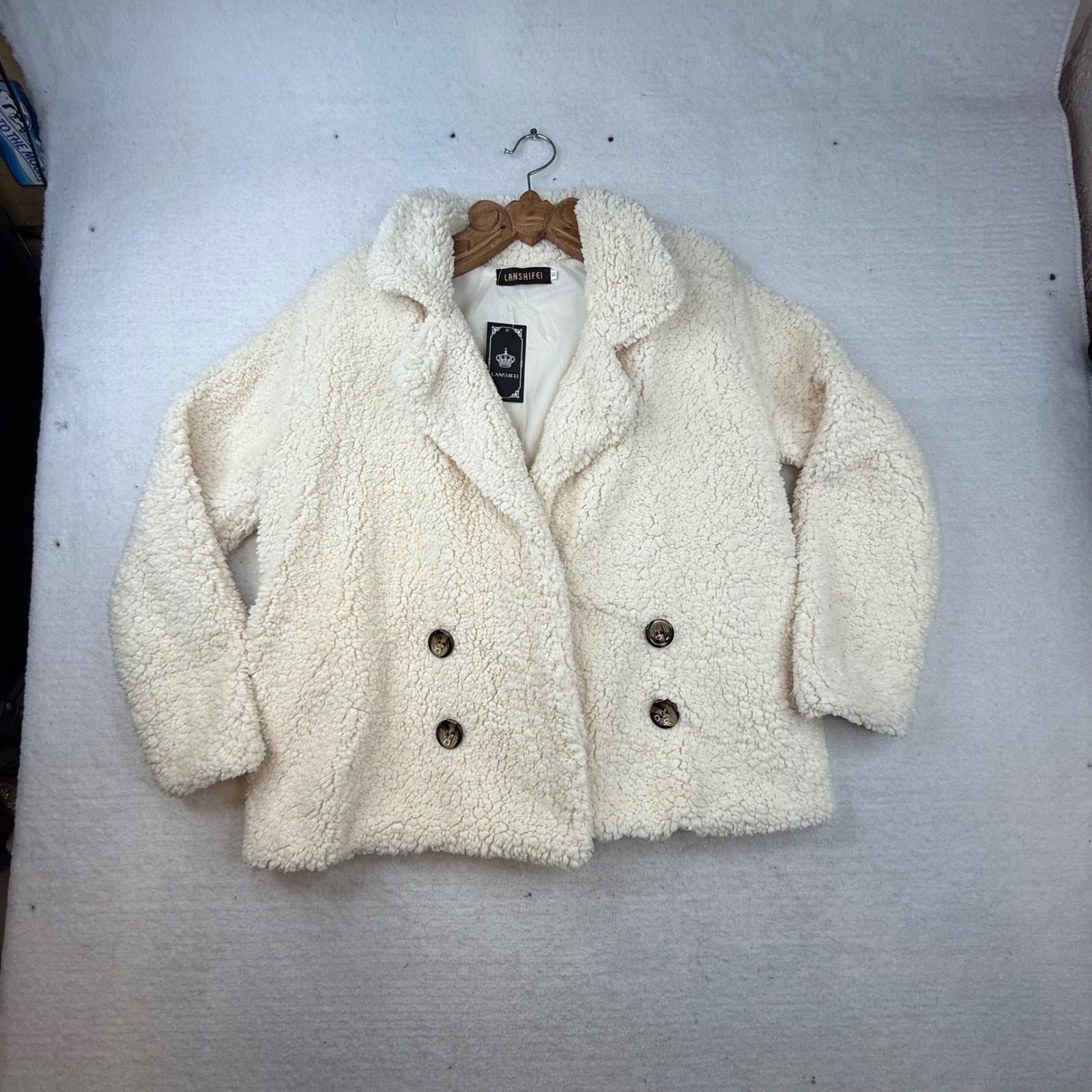 Lanshifei Cream Teddy Sherpa Fleece Double Breasted Jacket Coat Xl Cozy Warm